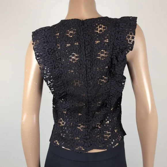 💙Zara Black Lace Pinafore Ruffle Blouse Top Sheer Crochet Flounce Trim Black - Picture 5 of 10